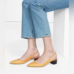 New! Theory Lizard-Embossed Leather Block Heel Slingback Pumps in Mustard Yellow